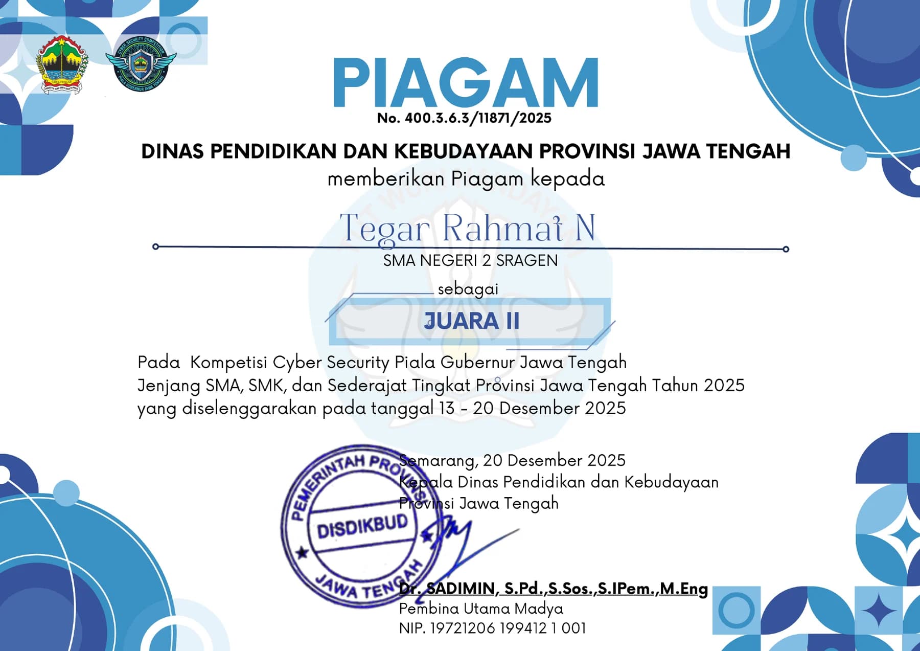 Juara 2 Cyber Security Competition certificate